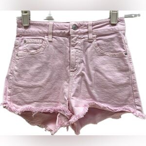 GUESS PASTEL DREAM HIGH RISE PINK RAW FRAYED HEM DENIM JEAN MOM SHORTS